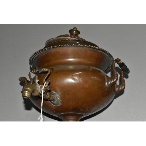 408 - A NINETEENTH CENTURY COPPER SAMOVAR, with cover, two scrolling handles with wooden insulators, metal... 