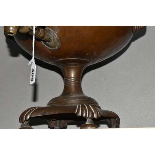 408 - A NINETEENTH CENTURY COPPER SAMOVAR, with cover, two scrolling handles with wooden insulators, metal... 