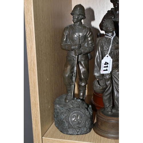 411 - A GROUP OF BRONZED MILITARY STYLE FIGURES, depicting soldiers from different eras, by manufacturers ... 