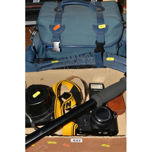 437 - ONE BOX AND LOOSE CAMERAS AND CAMERA EQUIPMENT, to include two vintage cameras a Nikon and EXA500 in... 