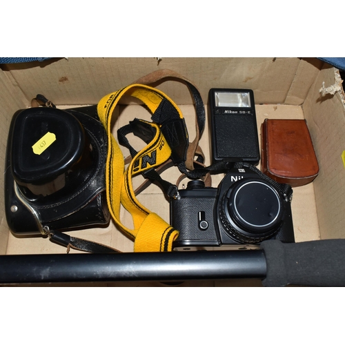 437 - ONE BOX AND LOOSE CAMERAS AND CAMERA EQUIPMENT, to include two vintage cameras a Nikon and EXA500 in... 