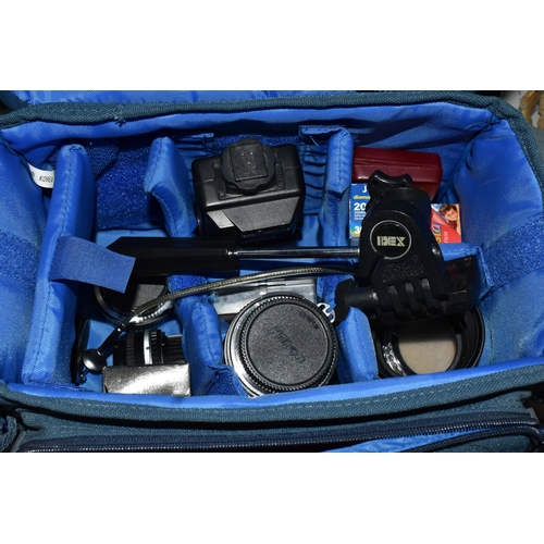 437 - ONE BOX AND LOOSE CAMERAS AND CAMERA EQUIPMENT, to include two vintage cameras a Nikon and EXA500 in... 