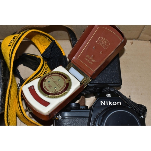 437 - ONE BOX AND LOOSE CAMERAS AND CAMERA EQUIPMENT, to include two vintage cameras a Nikon and EXA500 in... 