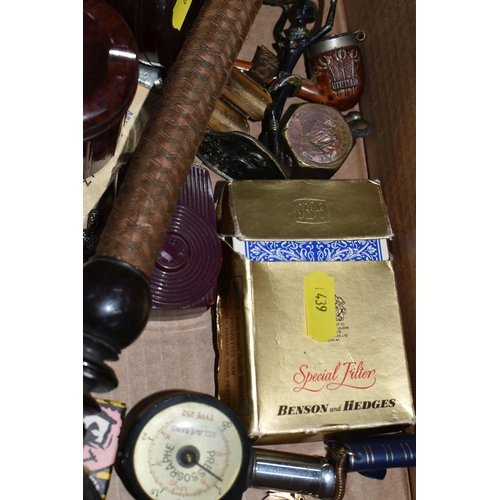 439 - ONE BOX OF VINTAGE SMOKING RELATED ITEMS, to include antique pipe with meerschaum bowl, long with mo... 