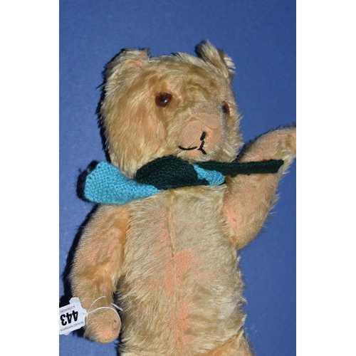 443 - A GOLDEN PLUSH TEDDY BEAR, amber and black plastic eyes, shaved muzzle with vertical stitched nose, ... 