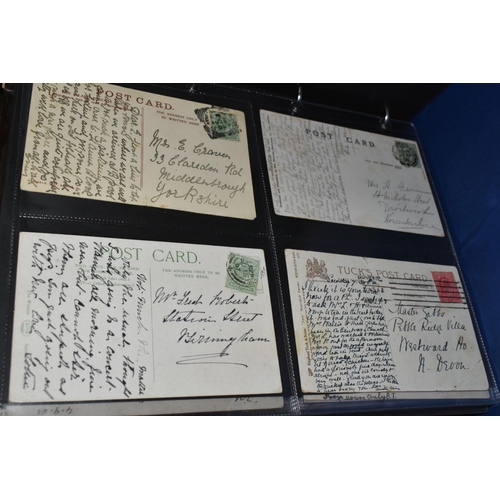 453 - TWO ALBUMS containing 112 early 20th century Postcards, 60 of which are dated between 1903 -1906, su... 