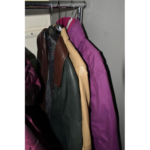 461 - ONE BOX AND NINTEEN ITEMS OF LADIES CLOTHING, comprising a green and brown Lakeland leather coat, be... 