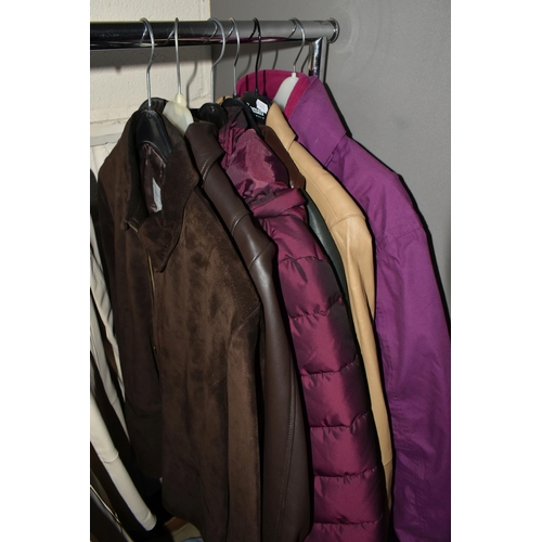 461 - ONE BOX AND NINTEEN ITEMS OF LADIES CLOTHING, comprising a green and brown Lakeland leather coat, be... 