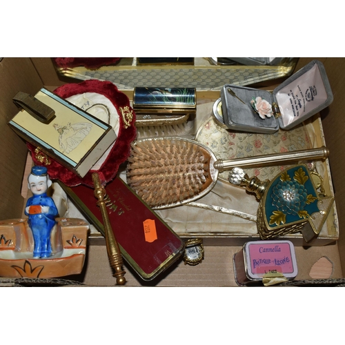 464 - A BOX OF VINTAGE VANITY WARE to include a boxed vanity set comprising two brushes and a hand mirror,... 