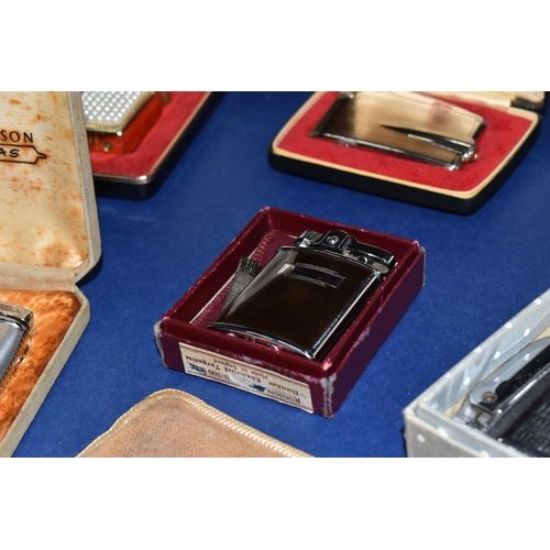 466 - A BOX OF VINTAGE BOXED LIGHTERS to include a Ronson Varaflame in original box, a Ronson enamelled Ba... 