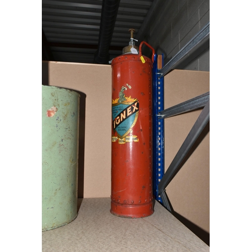 470 - AN AGRICASTROL TRACTOR OIL PYRAMID CAN, with a vintage Ignex Fire Extinguisher and a repainted Oil/P... 