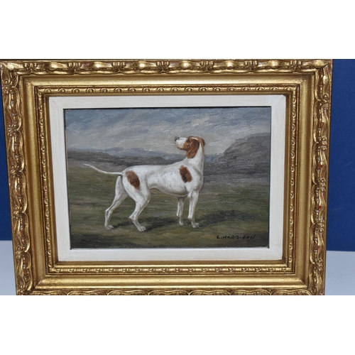 472 - C.HARRISON (20TH CENTURY) A STANDING PORTRAIT STUDY OF A SPORTING DOG, signed bottom right, oil on b... 