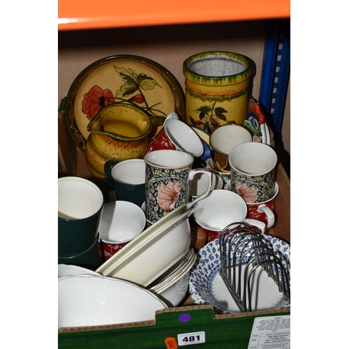 481 - FIVE BOXES OF CERAMIC KITCHENWARE AND ORNAMENTS to include a Royal Doulton Sonnet tea set comprising... 