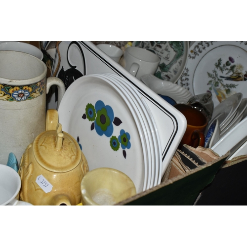 495 - FIVE BOXES AND LOOSE CERAMICS AND KITCHEN WARE, to include five ceramic planters, oriental style vas... 