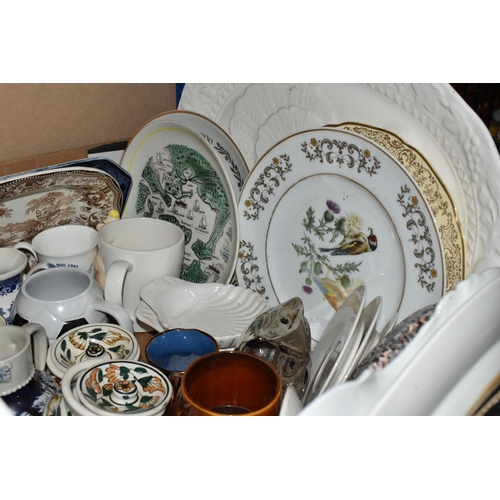 495 - FIVE BOXES AND LOOSE CERAMICS AND KITCHEN WARE, to include five ceramic planters, oriental style vas... 