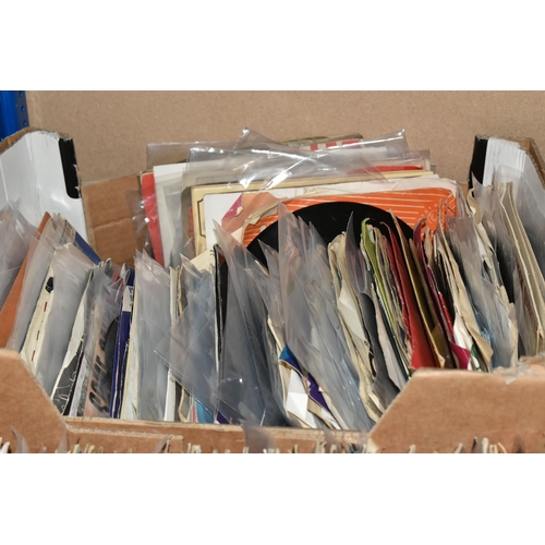 499 - FOUR BOXES OF 45 R.P.M SINGLE RECORDS, to include, 60, 70, and 80's pop, rock, and easy listening, a... 