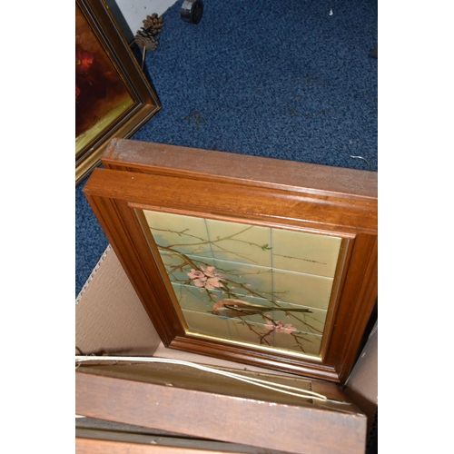 515 - A BOX AND LOOSE PICTURE AND PRINTS, to include four Basil Ede framed tile pictures of birds, a Jimmy... 