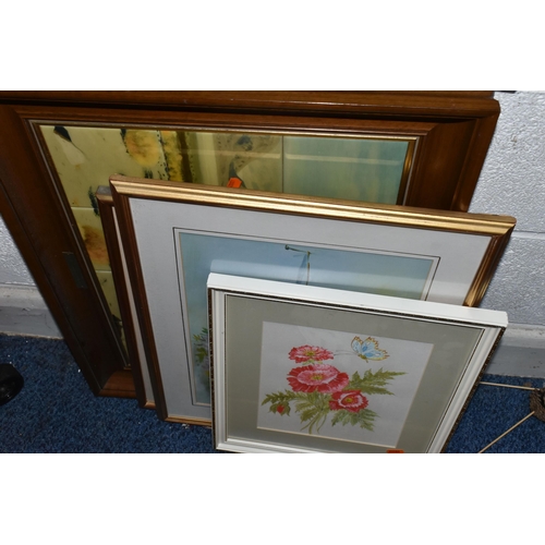 515 - A BOX AND LOOSE PICTURE AND PRINTS, to include four Basil Ede framed tile pictures of birds, a Jimmy... 