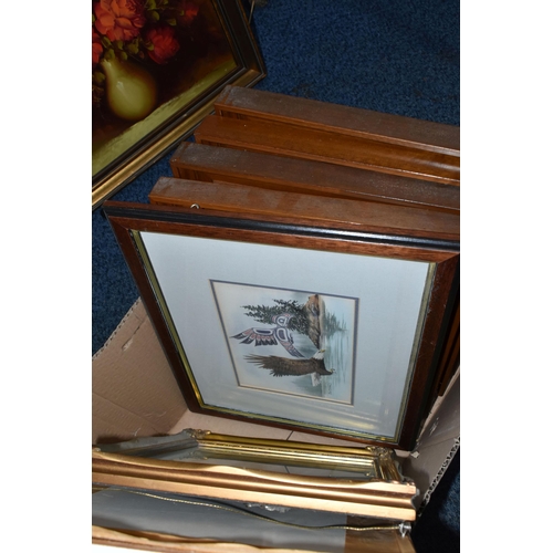 515 - A BOX AND LOOSE PICTURE AND PRINTS, to include four Basil Ede framed tile pictures of birds, a Jimmy... 