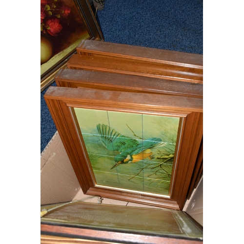 515 - A BOX AND LOOSE PICTURE AND PRINTS, to include four Basil Ede framed tile pictures of birds, a Jimmy... 