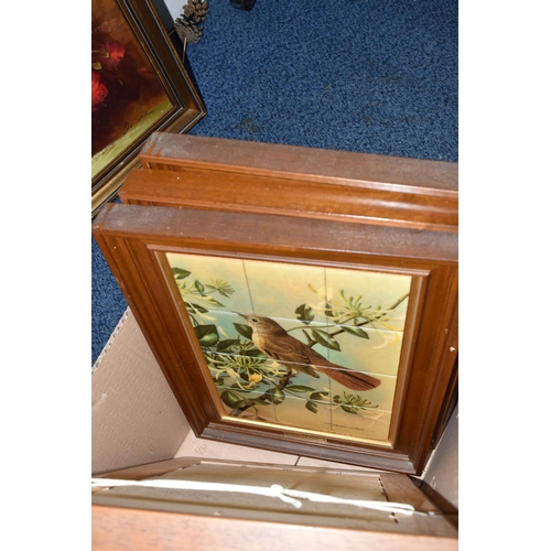 515 - A BOX AND LOOSE PICTURE AND PRINTS, to include four Basil Ede framed tile pictures of birds, a Jimmy... 