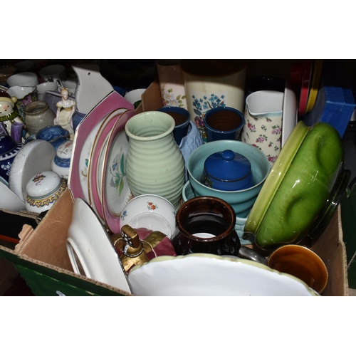 523 - FIVE BOXES OF CERAMICS AND GLASS WARE, to include a green glazed Bretby planter, a pale blue ribbed ... 