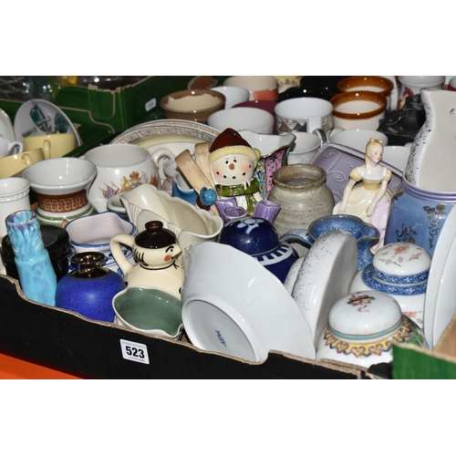 523 - FIVE BOXES OF CERAMICS AND GLASS WARE, to include a green glazed Bretby planter, a pale blue ribbed ... 