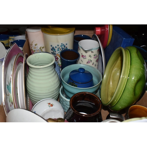 523 - FIVE BOXES OF CERAMICS AND GLASS WARE, to include a green glazed Bretby planter, a pale blue ribbed ... 