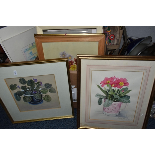 525 - FOUR BOXES AND LOOSE METALWARE, PICTURES AND SUNDRY ITEMS, to include a quantity of framed and unfra... 