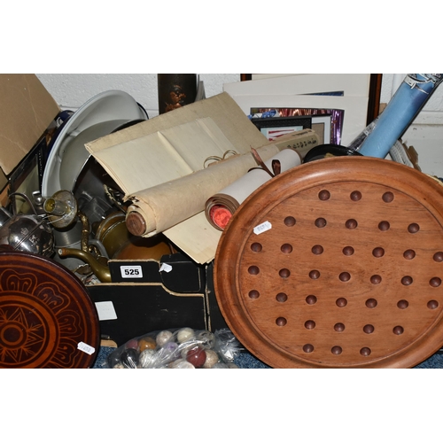 525 - FOUR BOXES AND LOOSE METALWARE, PICTURES AND SUNDRY ITEMS, to include a quantity of framed and unfra... 