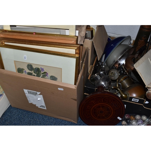 525 - FOUR BOXES AND LOOSE METALWARE, PICTURES AND SUNDRY ITEMS, to include a quantity of framed and unfra... 