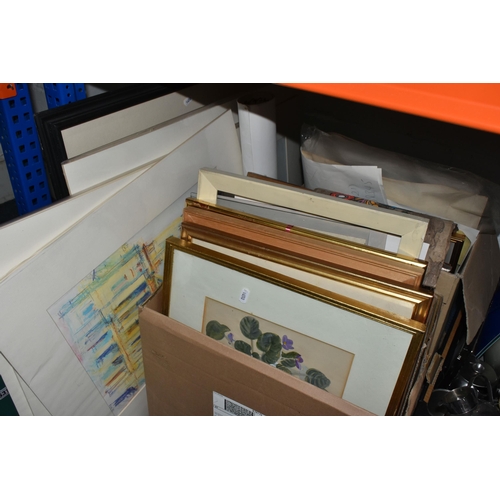 525 - FOUR BOXES AND LOOSE METALWARE, PICTURES AND SUNDRY ITEMS, to include a quantity of framed and unfra... 