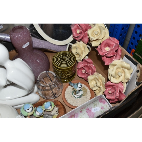 529 - TWO BOXES OF CERAMICS, GLASS, DECORATIVE HOMEWARE AND SOFT TOYS, to include a Beswick preserve pot n... 