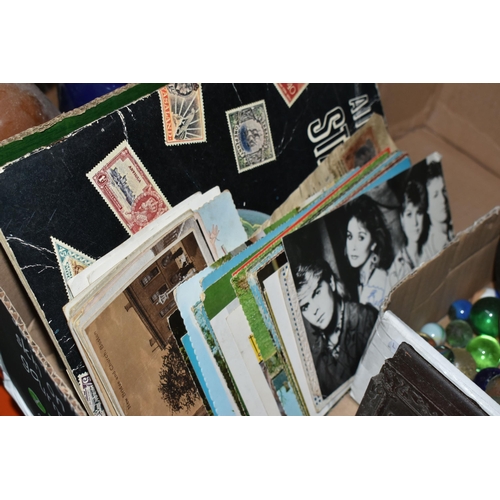 530 - FOUR BOXES OF COLLECTABLES, AVON BOTTLES, BOOKS AND TOYS, to include a printing block for an adverti... 