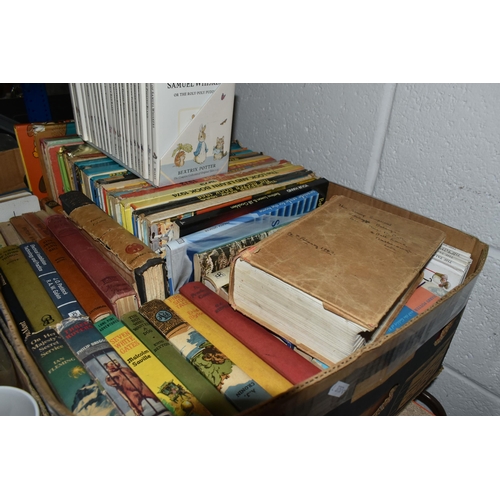 530 - FOUR BOXES OF COLLECTABLES, AVON BOTTLES, BOOKS AND TOYS, to include a printing block for an adverti... 