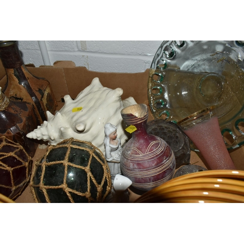 536 - FIVE BOXES AND LOOSE CERAMICS AND GLASSWARE to include eight fishing floats, a box and a wooden case... 