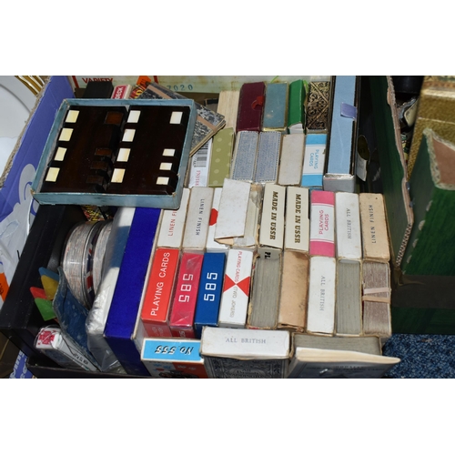 543 - FIVE BOXES AND LOOSE MISCELLANEOUS ITEMS to include a tray of card games and packs of cards, an asso... 