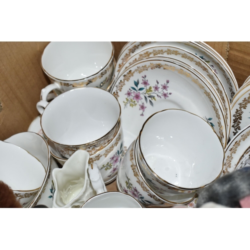 545 - TWO BOXES OF TEA AND DINNER WARE AND TWO PELHAM PUPPETS, to include approximately thirty pieces of W... 