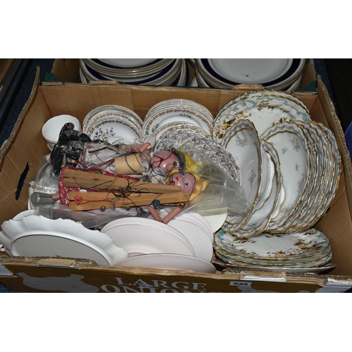 545 - TWO BOXES OF TEA AND DINNER WARE AND TWO PELHAM PUPPETS, to include approximately thirty pieces of W... 