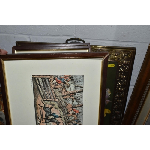 546 - TWO BOXES AND LOOSE FRAMED PICTURES AND SUNDRIES, to include five small pictures with large foliate ... 