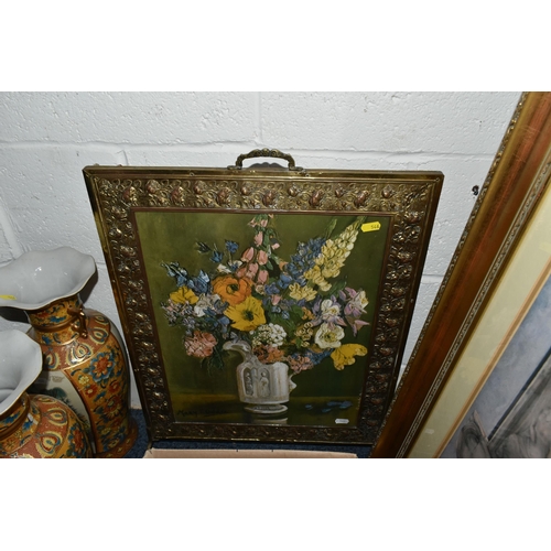 546 - TWO BOXES AND LOOSE FRAMED PICTURES AND SUNDRIES, to include five small pictures with large foliate ... 