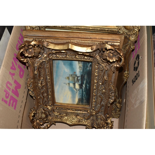 546 - TWO BOXES AND LOOSE FRAMED PICTURES AND SUNDRIES, to include five small pictures with large foliate ... 