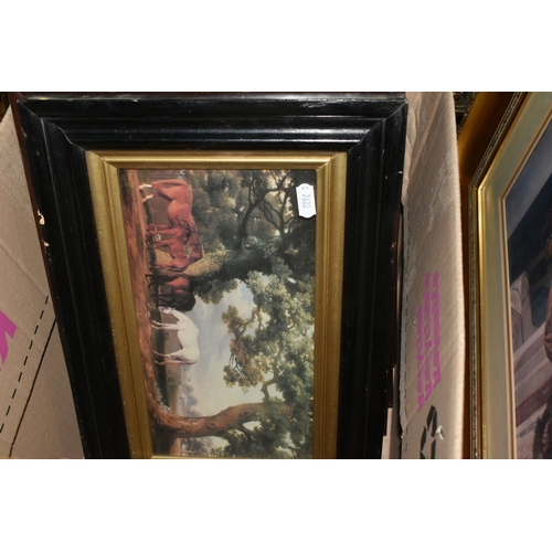 546 - TWO BOXES AND LOOSE FRAMED PICTURES AND SUNDRIES, to include five small pictures with large foliate ... 