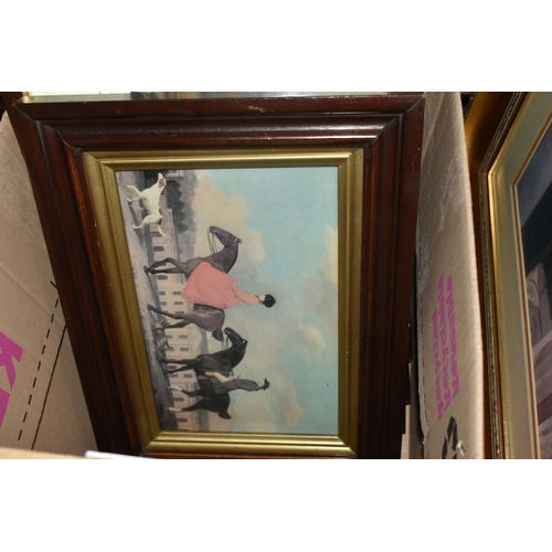 546 - TWO BOXES AND LOOSE FRAMED PICTURES AND SUNDRIES, to include five small pictures with large foliate ... 