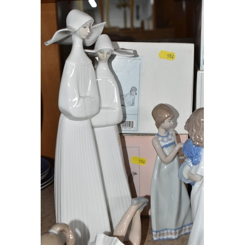 554 - A GROUP OF SEVEN NAO FIGURES AND ONE LLADRO FIGURE, comprising Lladro Two Nuns model no 4611 design ... 