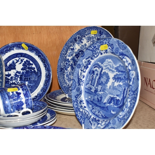 555 - A GROUP OF BLUE AND WHITE WILLOW PATTERN TABLEWARE AND SIMILAR, comprising a C.W.S Windsor China par... 