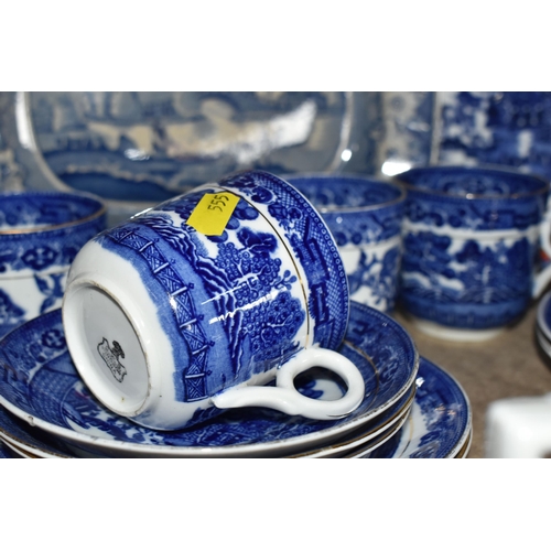 555 - A GROUP OF BLUE AND WHITE WILLOW PATTERN TABLEWARE AND SIMILAR, comprising a C.W.S Windsor China par... 