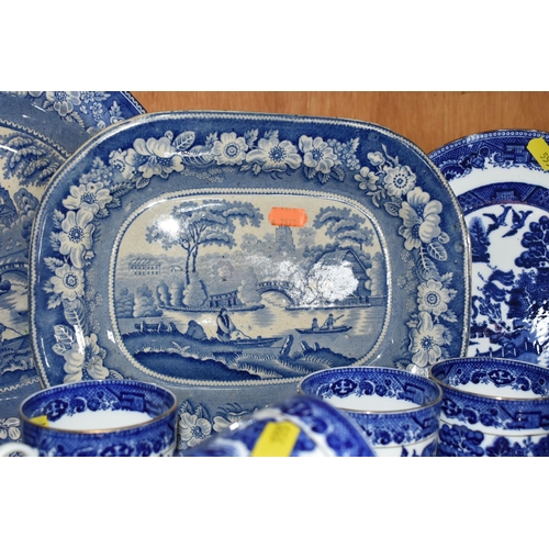 555 - A GROUP OF BLUE AND WHITE WILLOW PATTERN TABLEWARE AND SIMILAR, comprising a C.W.S Windsor China par... 