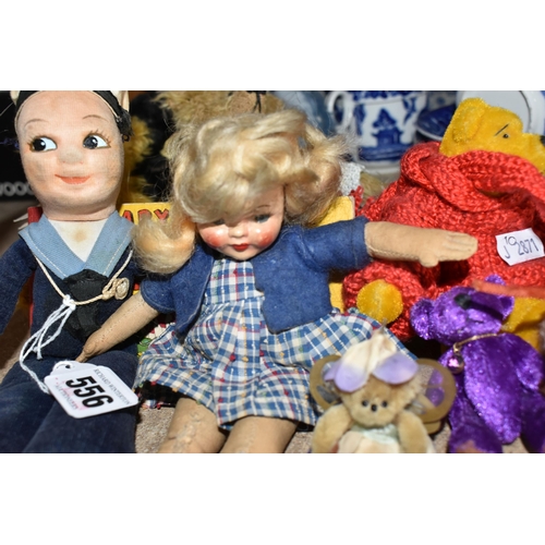 556 - A GROUP OF SMALL SOFT TOYS AND BEARS, comprising a Norah Wellings style souvenir sailor doll, height... 