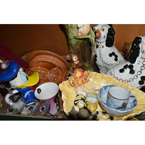 561 - TWO BOXES OF CERAMICS AND ORNAMENTS, to include a Victorian 'Moustache' cup and saucer, a Country Ar... 